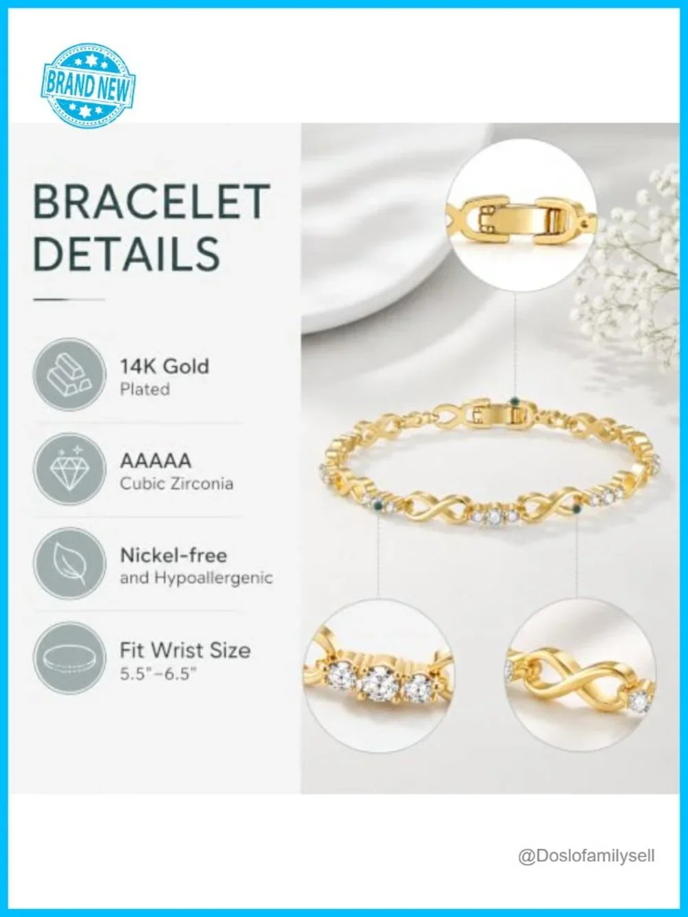 14K Gold Plated Heart Cubic Zirconia Tennis Bracelet, Dainty Adjustable